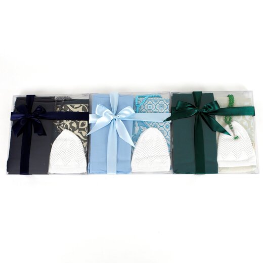 Geschenkbox Set mit Kopftuch, Gebetsmtze, Tesbih und Gebetsteppich Hellblau