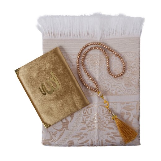 Geschenkbox Set mit Gebetsteppich, Tesbih und Surenbuch Gold