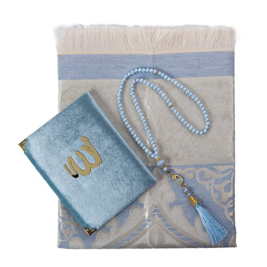 Geschenkbox Set mit Gebetsteppich, Tesbih und Surenbuch Hellblau