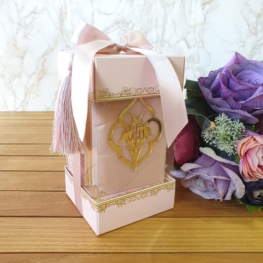 Geschenkbox mit Samtstoff Quran, Perlentesbih und Baumwollkopftuch Rosa
