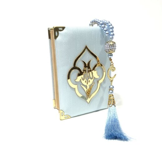 Geschenkbox mit Perlen Tesbih und edlem Quran Hellblau