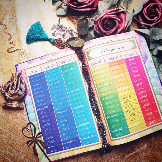 Regenbogen Quran mit einer Kristal- Gebetskette in transparentem Box