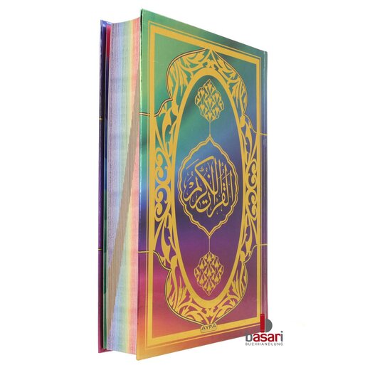 Regenbogen Quran mit einer Kristal- Gebetskette in transparentem Box Gre (M) 24,5 x 16,5 cm (Orta Boy)