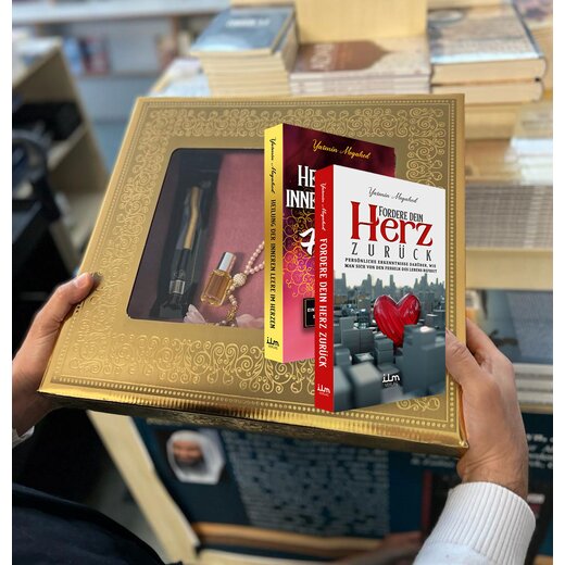 Geschenkbox Set zur Heilung gebrochener Herzen - Gebetsteppich + Tesbih mit Buch: Fordere dein Herz zurück + Heilung der inneren Leere im Herzen von Yasmin Mogahed